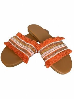 Women's Orange Fringe Slide Sandals with Beaded Trim
